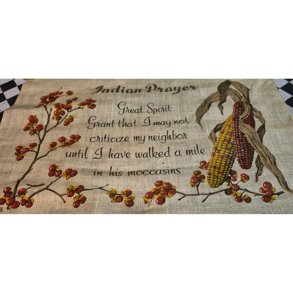 Vintage Burlap Indian Prayer Wall Hanging Scroll Wood Dowel Rustic Decor 16x12